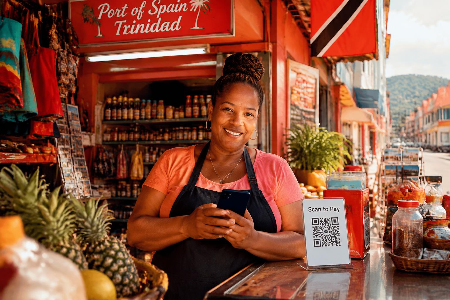Trinidad shop owner with a FAM AD QR code on her counter